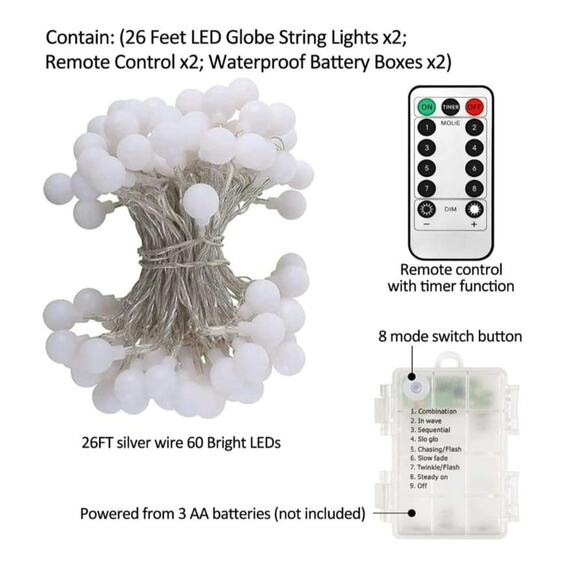 Battery Operated LED String Lights 2-Pack 26FT 60LED 8 Mode Waterproof W/ Remote - Picture 3 of 8